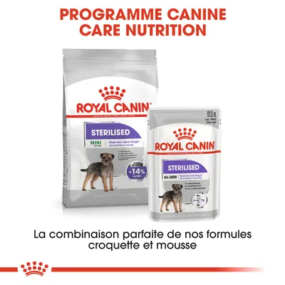 Royal Canin Sterilised Mini croquettes et Sterilised All Sizes mousse, programme Canine Care Nutrition. Texte : la combinaison parfaite de nos formules croquette et mousse.
