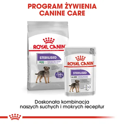 ROYAL CANIN STERILISED MINI karma sucha i mokra dla psów, -14% kalorii, opakowanie 85 g. Program żywienia Canine Care. Doskonała kombinacja suchych i mokrych receptur.