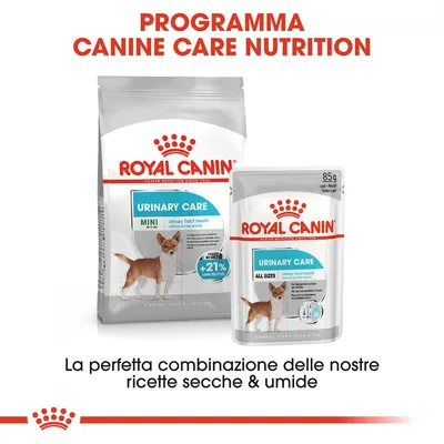 ROYAL CANIN URINARY CARE MINI e ALL SIZES, crocchette e bustina umida per cani, testo: La perfetta combinazione delle nostre ricette secche & umide. Programma Canine Care Nutrition.