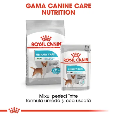 Royal Canin Urinary Care MINI și ALL SIZES, hrană pentru câini. Text vizibil: GAMA CANINE CARE NUTRITION, +21% urine dilution, Mixul perfect între formula umedă și cea uscată.
