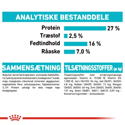 Analytiske bestanddele: protein 27 %, træstof 2,5 %, fedtindhold 16 %, råaske 7 %. Sammensætning og tilsætningsstoffer med detaljeret ingrediensliste og næringsstoffer pr. kg.