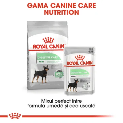 Royal Canin Digestive Care MINI hrană uscată și Digestive Care ALL SIZES hrană umedă pentru câini. Text: Mixul perfect între formula umedă și cea uscată. Gama Canine Care Nutrition.