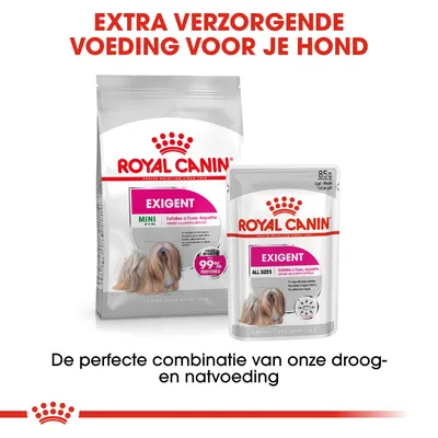 Royal Canin Exigent Mini droogvoer en Exigent All Sizes natvoer voor honden, tekst: extra verzorgende voeding voor je hond, perfecte combinatie van droog- en natvoeding.
