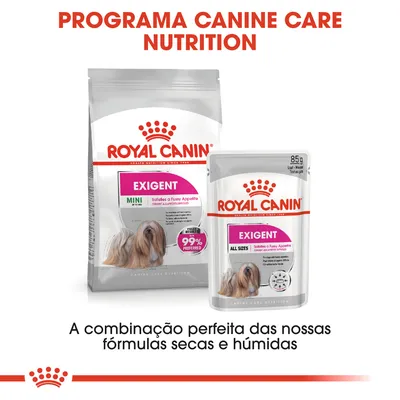 Royal Canin Exigent Mini ração seca e Royal Canin Exigent All Sizes alimento húmido para cães. Texto: Programa Canine Care Nutrition. 99% preferred. 85 g. A combinação perfeita das nossas fórmulas secas e húmidas.