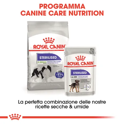 Royal Canin Sterilised X-Small crocchette e Sterilised All Sizes umido per cani, -11% calorie, confezioni con immagini di cani. Testo: La perfetta combinazione delle nostre ricette secche & umide.