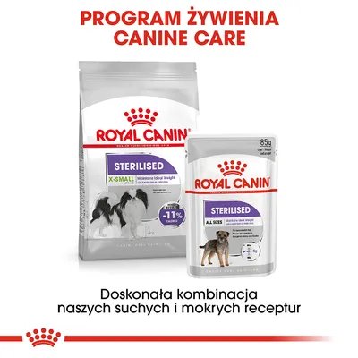 Royal Canin Sterilised X-Small karma sucha oraz Royal Canin Sterilised All Sizes karma mokra 85 g. Program żywienia Canine Care. Doskonała kombinacja receptur. Royal Canin Sterilised X-Small karma sucha oraz Royal Canin Sterilised All Sizes karma mokra 85 g. Program żywienia Canine Care. Doskonała kombinacja receptur.