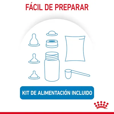 Fácil de preparar. Kit de alimentación incluido: biberón, tetinas, tapa, cacito y sobre. Texto destacado en azul: KIT DE ALIMENTACIÓN INCLUIDO.