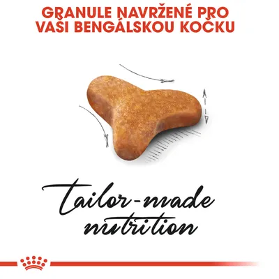 Granule navržené pro vaši bengálskou kočku, text 'tailor-made nutrition', detail tvaru granule s náčrtky rozměrů.