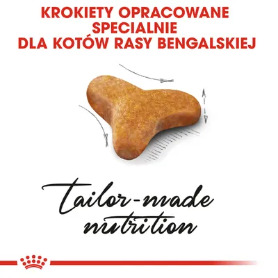 Krokiety opracowane specjalnie dla kotów rasy bengalskiej, ilustracja kształtu krokieta, tekst: tailor-made nutrition.