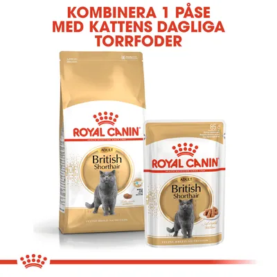 Royal Canin Adult British Shorthair torrfoder och våtfoder 85 g. Text: Kombinera 1 påse med kattens dagliga torrfoder.
