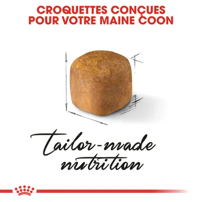 Croquettes conçues pour votre Maine Coon. Texte visible : tailor-made nutrition. Image d'une croquette avec des flèches de dimensions dessinées autour.