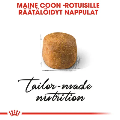 MAINE COON -rotuisille räätälöidyt nappulat, teksti: tailor-made nutrition. Yksi suuri ruskea nappula näkyvissä.