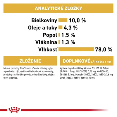 Analytické zložky: bielkoviny 10 %, oleje a tuky 4,3 %, popol 1,5 %, vláknina 1,3 %, vlhkosť 78 %. Zloženie: mäso, obilniny, ryby, rastlinné koncentráty, minerály. Doplnkové látky: vitamíny, minerály.