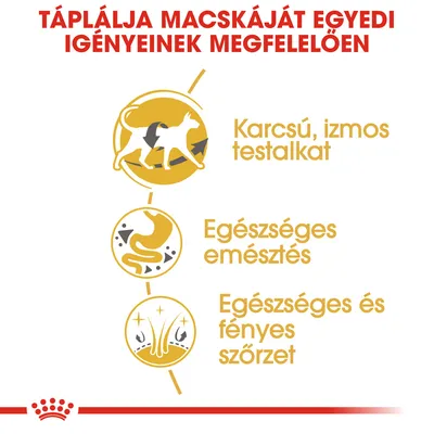 Táplálja macskáját egyedi igényeinek megfelelően. Karcsú, izmos testalkat; egészséges emésztés; egészséges és fényes szőrzet.
