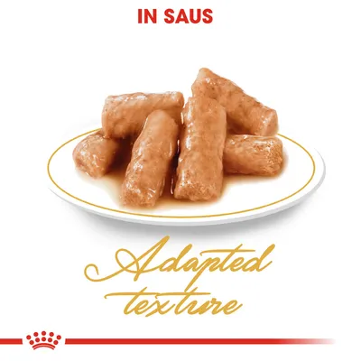 Stukjes voer in saus op een bord, tekst: IN SAUS, Adapted texture