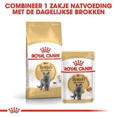 Royal Canin Adult British Shorthair kattenvoer: droge brokken en natvoeding. Tekst bovenaan: Combineer 1 zakje natvoeding met de dagelijkse brokken.