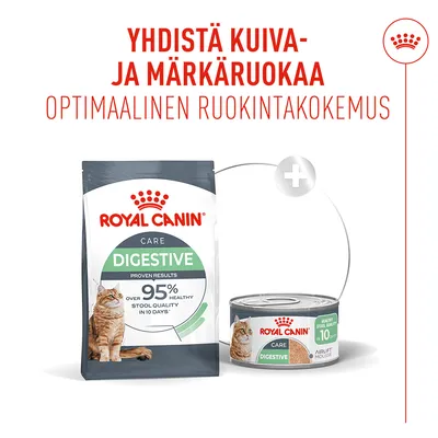 Royal Canin Care Digestive kuiva- ja märkäruoka. Yhdistä kuivaruoka ja märkäruoka, optimaalinen ruokintakokemus, yli 95 % terveitä ulosteita 10 päivässä.