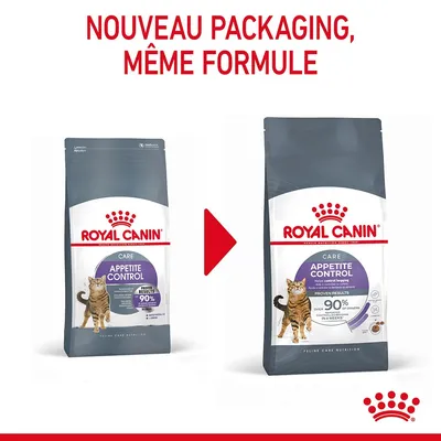 Royal Canin Appetite Control pour chats, ancien et nouveau packaging côte à côte. Texte : Nouveau packaging, même formule. 90 % résultats prouvés. Image d’un chat sur les deux paquets.