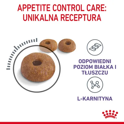 APETITE CONTROL CARE: UNIKALNA RECEPTURA, odpowiedni poziom białka i tłuszczu, L-karnityna. Na zdjęciu widoczne chrupki karmy.