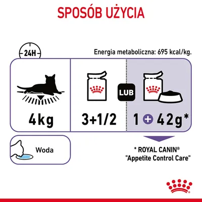 Sposób użycia: kot 4 kg, dzienna porcja 3 i pół saszetki lub 1 saszetka plus 42 g karmy suchej. Energia metaboliczna: 695 kcal/kg. Woda. Royal Canin Appetite Control Care.