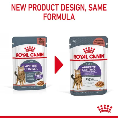 ROYAL CANIN CARE APPETITE CONTROL cat food pouch, old and new packaging shown side by side. Text: NEW PRODUCT DESIGN, SAME FORMULA. Both pouches 85g, purple label, cat image visible.