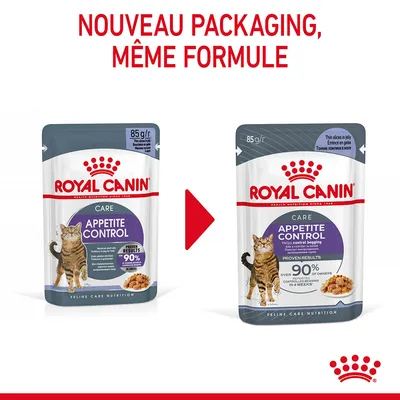 Nouveau packaging, même formule. Deux sachets Royal Canin Appetite Control 85 g pour chat, ancien et nouveau design, texte visible : Proven results, over 90 % confirmed by owners.