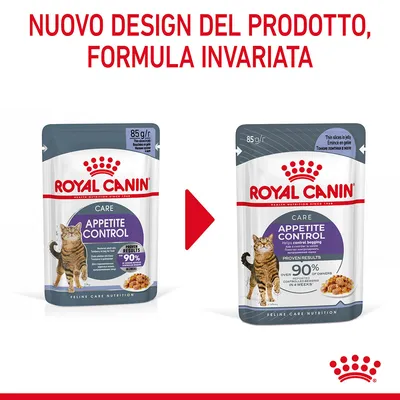 Nuovo design del prodotto, formula invariata. Due confezioni Royal Canin Appetite Control 85 g per gatti mostrate: vecchio e nuovo aspetto.