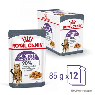 Appetite Control, 90% of owners reported controlled begging in 4 weeks. Pack contains 12 pouches of 85g each.