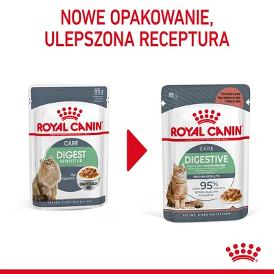 Nowe opakowanie i ulepszona receptura karmy Royal Canin Digestive Care 85 g dla kotów. Porównanie starego i nowego opakowania z widocznymi nazwami i informacjami na froncie.