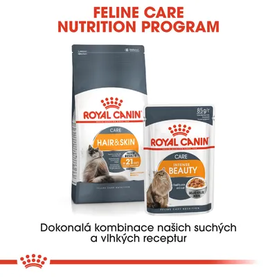 ROYAL CANIN CARE HAIR & SKIN suché krmivo a ROYAL CANIN CARE INTENSE BEAUTY kapsička 85 g, kombinace pro péči o srst a kůži koček. Text: Dokonalá kombinace našich suchých a vlhkých receptur.