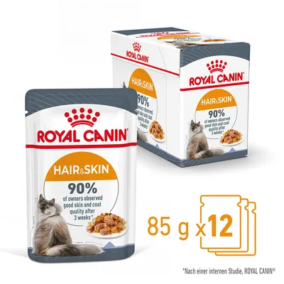 Royal Canin Hair & Skin natvoer voor katten, 85 g x 12. 90% van de eigenaren zagen verbeterde huid- en vachtkwaliteit na 3 weken. Volgens een interne studie van Royal Canin.