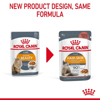 Royal Canin cat food pouch redesign: old 'Intense Beauty' 85g pack on left, new 'Hair & Skin' 85g pack on right. Text above: New product design, same formula.