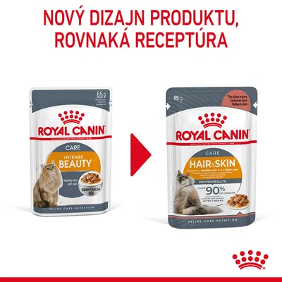 Nový dizajn produktu Royal Canin Care Intense Beauty/Hair & Skin 85 g pre mačky, rovnaká receptúra. Zmena obalu z Intense Beauty na Hair & Skin je znázornená šípkou.