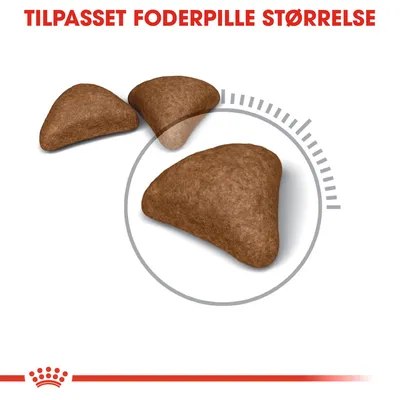TILPASSET FODERPILLE STØRRELSE. Tre trekantede foderpiller vist i forstørrelse med grafisk cirkel omkring den ene pille.