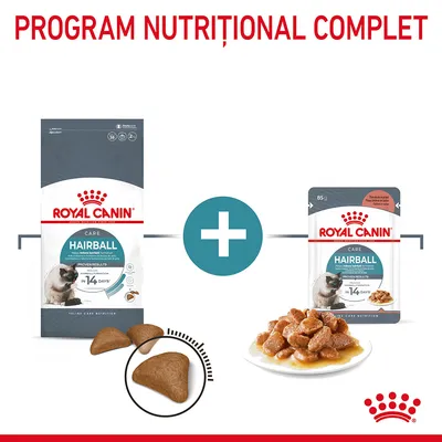 Program nutrițional complet Royal Canin Hairball: imagine cu pachet de hrană uscată și plic de hrană umedă, ambele pentru pisici, plus porții vizibile de produs.