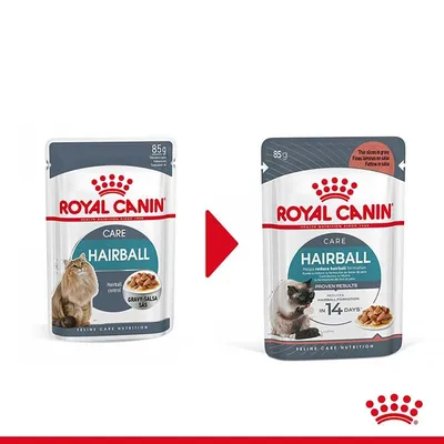 Сравнение на стара и нова опаковка Royal Canin Hairball Care 85 г за котки. Видими са продуктови имена, снимки на котки и храна, текст: 'Helps reduce hairball formation', 'PROVEN RESULTS'.