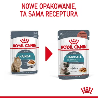 Royal Canin Care Hairball 85 g – zmiana opakowania, ta sama receptura. Widoczne dwa warianty saszetek z kotem i karmą mokrą dla kotów.