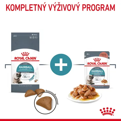 Royal Canin Hairball Care suché a mokré krmivo pre mačky, balenie granúl a kapsička s kúskami v omáčke, text: Kompletný výživový program
