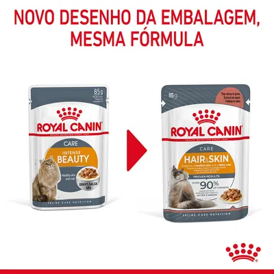 Novo desenho da embalagem Royal Canin Care 85 g: de 'Intense Beauty' para 'Hair & Skin'. Texto: NOVO DESENHO DA EMBALAGEM, MESMA FÓRMULA. Novo desenho da embalagem Royal Canin Care 85 g: de 'Intense Beauty' para 'Hair & Skin'. Texto: NOVO DESENHO DA EMBALAGEM, MESMA FÓRMULA.