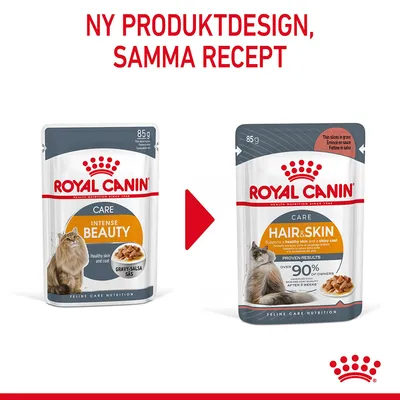 Royal Canin Care Intense Beauty byter design till Hair & Skin, samma recept. Båda förpackningar 85 g med kattbild och gravy-sås. Text: NY PRODUKTDESIGN, SAMMA RECEPT.