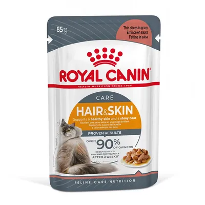 ROYAL CANIN Hair & Skin Care 85 g, karma dla kotów. Na opakowaniu: wspiera zdrową skórę i lśniącą sierść, ponad 90% właścicieli zauważyło poprawę po 3 tygodniach.
