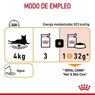 Modo de empleo: para un gato de 4 kg, 3 sobres o 1 sobre más 32 g de pienso Royal Canin Hair & Skin Care. Energía metabolizable: 823 kcal/kg. Agua disponible.