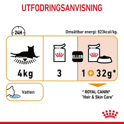 Utfodringsanvisning för katt 4 kg: 3 portionspåsar eller 1 portionspåse plus 32 g torrfoder. Omsättbar energi: 823 kcal/kg. Vatten. Royal Canin Hair & Skin Care.
