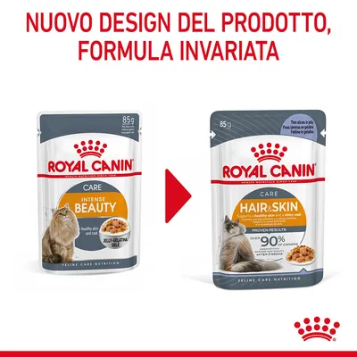 Royal Canin Care Intense Beauty diventa Hair & Skin, nuovo design del prodotto, formula invariata. Entrambi i pacchetti da 85 g per gatti visibili con testo informativo in inglese.