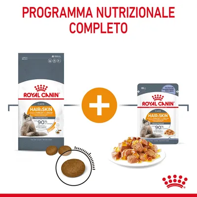 Royal Canin Hair & Skin per gatti, confezione di crocchette e bustina di alimento umido, con immagine delle crocchette e del cibo umido su piatto. Testo: Programma nutrizionale completo.