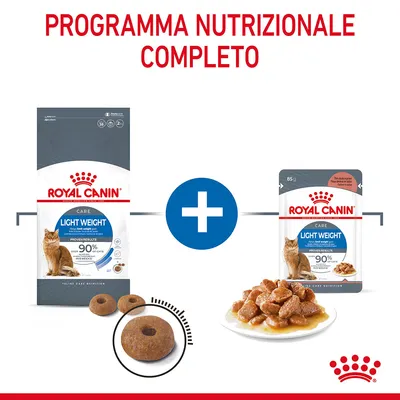 Royal Canin Light Weight Care per gatti: confezione di crocchette, confezione di umido 85 g e ciotola con bocconcini in salsa. Testo visibile: Programma nutrizionale completo.