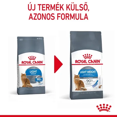 ROYAL CANIN CARE LIGHT WEIGHT macskaeledel régi és új csomagolása. Felirat: Új termék külső, azonos formula. 90% eredményesség, macskás illusztráció mindkét csomagon.