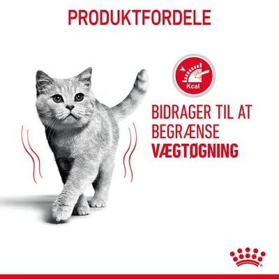 PRODUKTFORDELE. Bidrager til at begrænse vægtøgning. Kcal-symbol med pil. Kat går fremad. Royal Canin krone nederst.