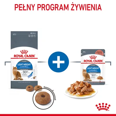 Royal Canin Light Weight Care: sucha karma dla kotów 1,5 kg oraz mokra karma 85 g. Widoczne granulki i kawałki w sosie. Napis: Pełny program żywienia.