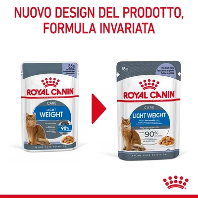 Nuovo design del prodotto, formula invariata. Confronto tra due confezioni Royal Canin Care Light Weight 85 g per gatti, vecchio e nuovo packaging visibili.